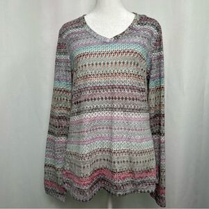 Prana Women’s Large Long Sleeve Top Aztec Vneck Lightweight Pink Green